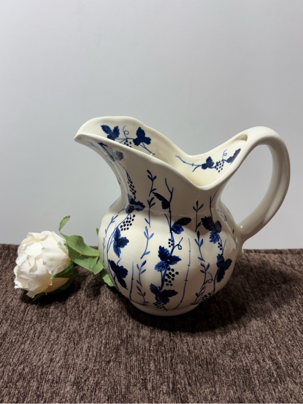 Blue Floral Ceramic Pitcher - Classic Home Art Vase farmhouse French Country
